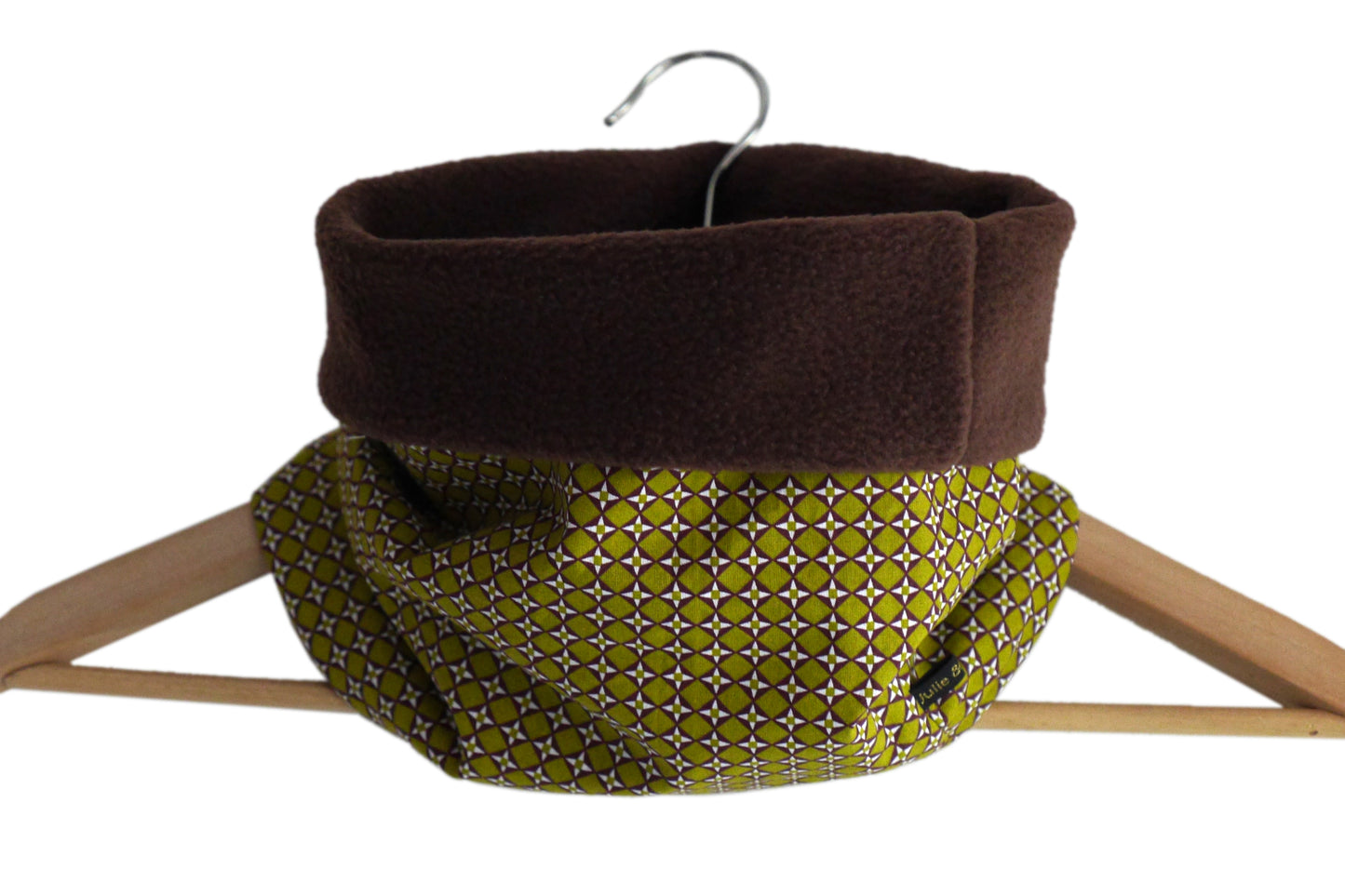 Snood mixte graphique tissu losanges vert pistache polaire marron chocolat tour de cou réversible adulte écharpe hiver ski mode cousu main