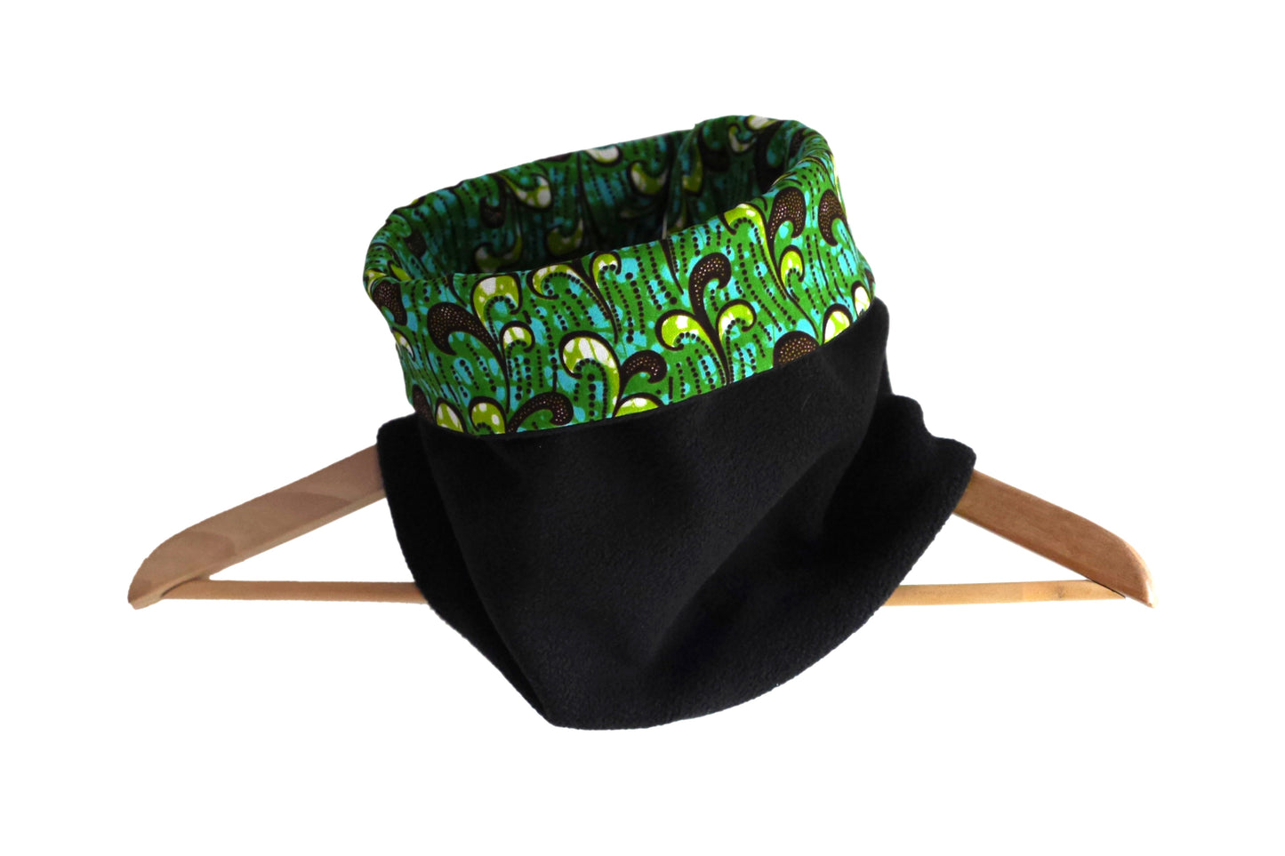 Snood wax africain vert bleu vague réversible polaire noire tour de cou écharpe hiver accessoire fait main