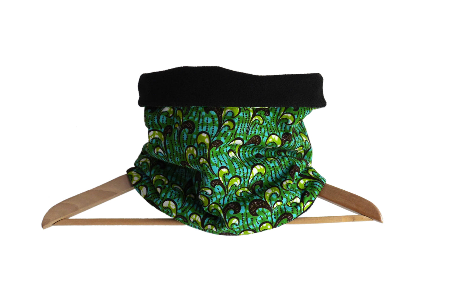 Snood wax africain vert bleu vague réversible polaire noire tour de cou écharpe hiver accessoire fait main