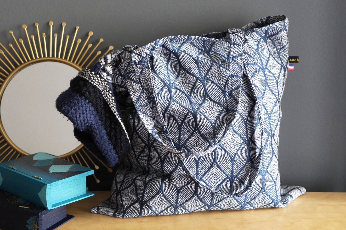 Tote bag jacquard graphique bleu et blanc sac femme fourre-tout non doublé