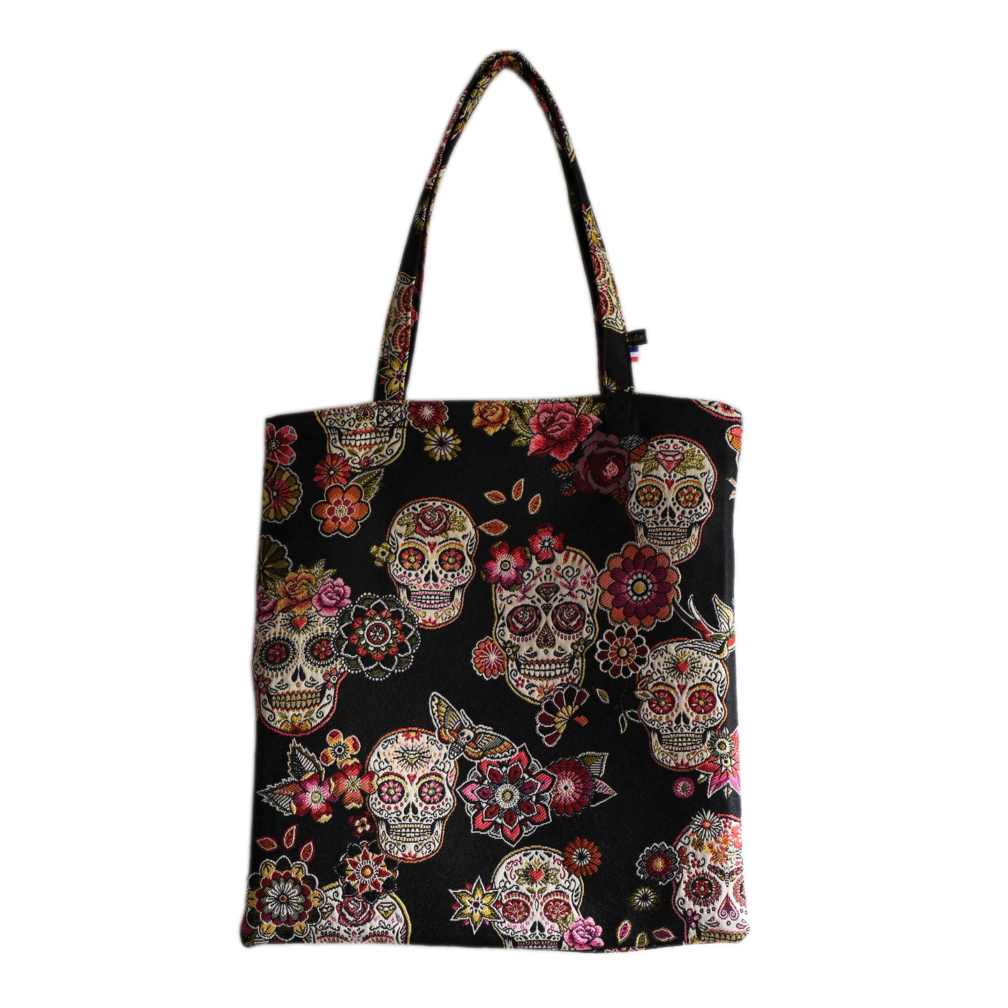 Tote bag jacquard têtes de mort mexicaines multicolore fond noir sac femme fourre-tout non doublé