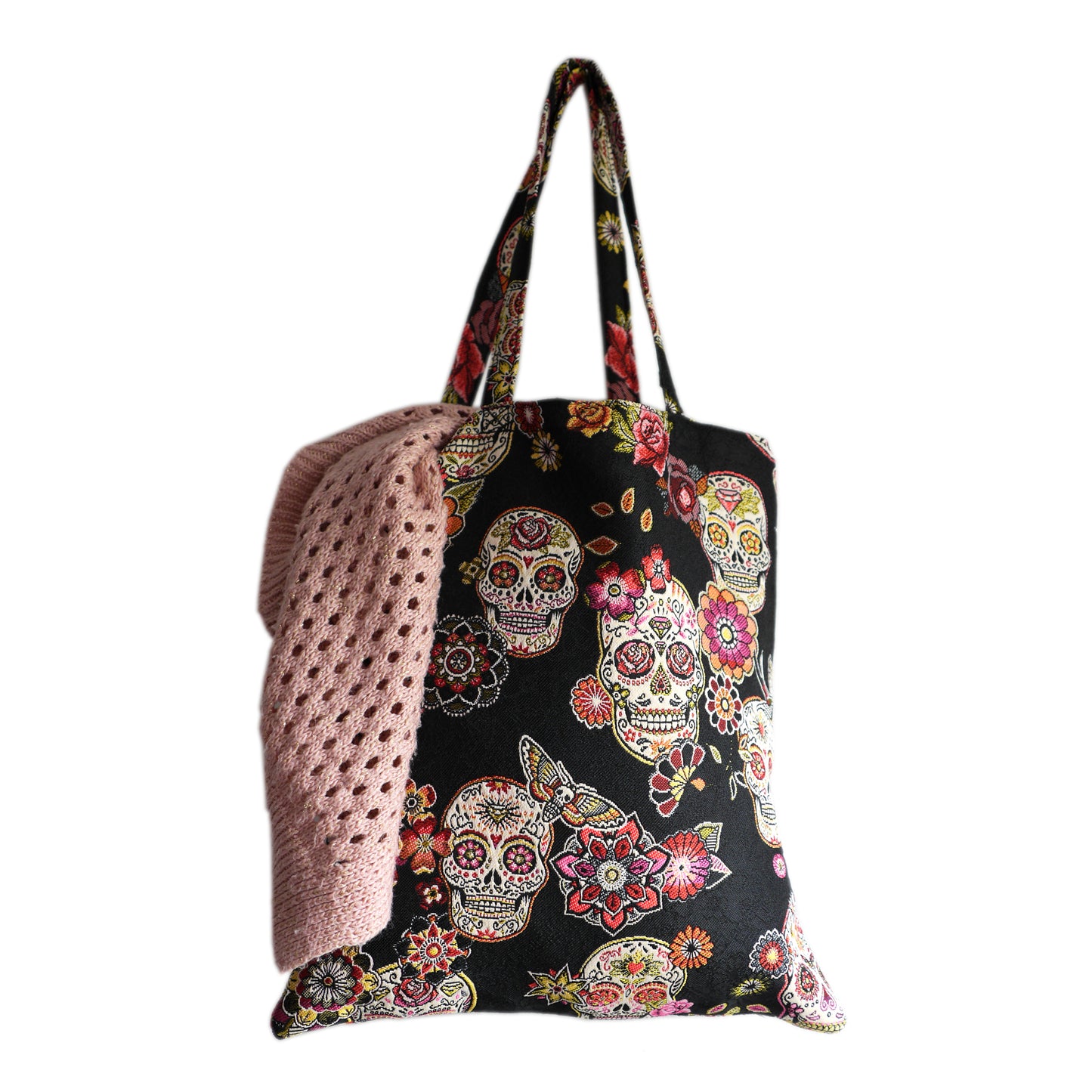 Tote bag jacquard têtes de mort mexicaines multicolore fond noir sac femme fourre-tout non doublé