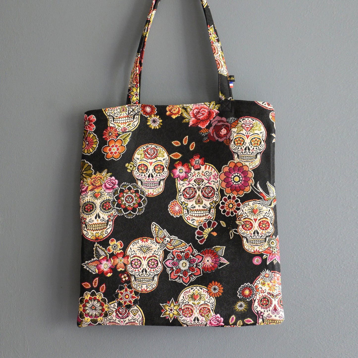 Tote bag jacquard têtes de mort mexicaines multicolore fond noir sac femme fourre-tout non doublé