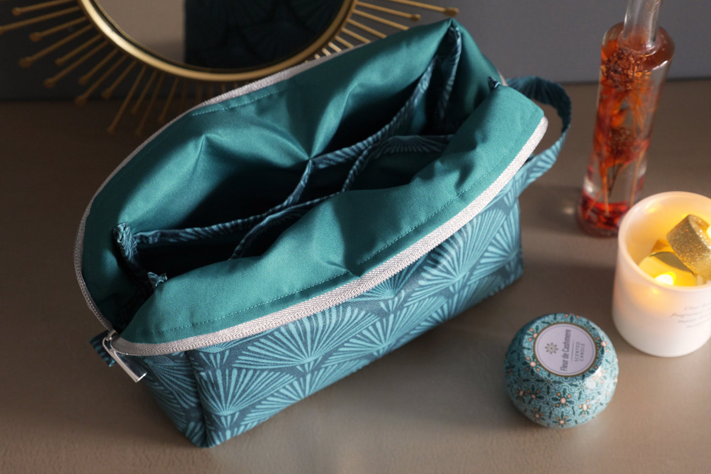 Trousse de toilette VOYAGE tissu toile imperméable éventails bleu turquoise pétrole