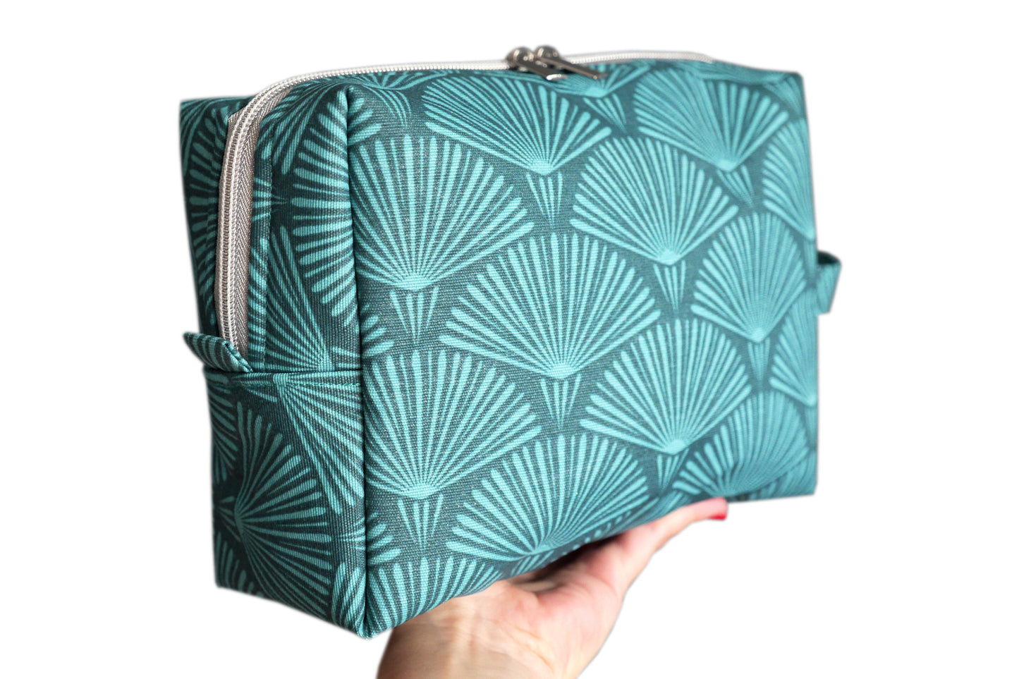 Trousse de toilette VOYAGE tissu toile imperméable éventails bleu turquoise pétrole