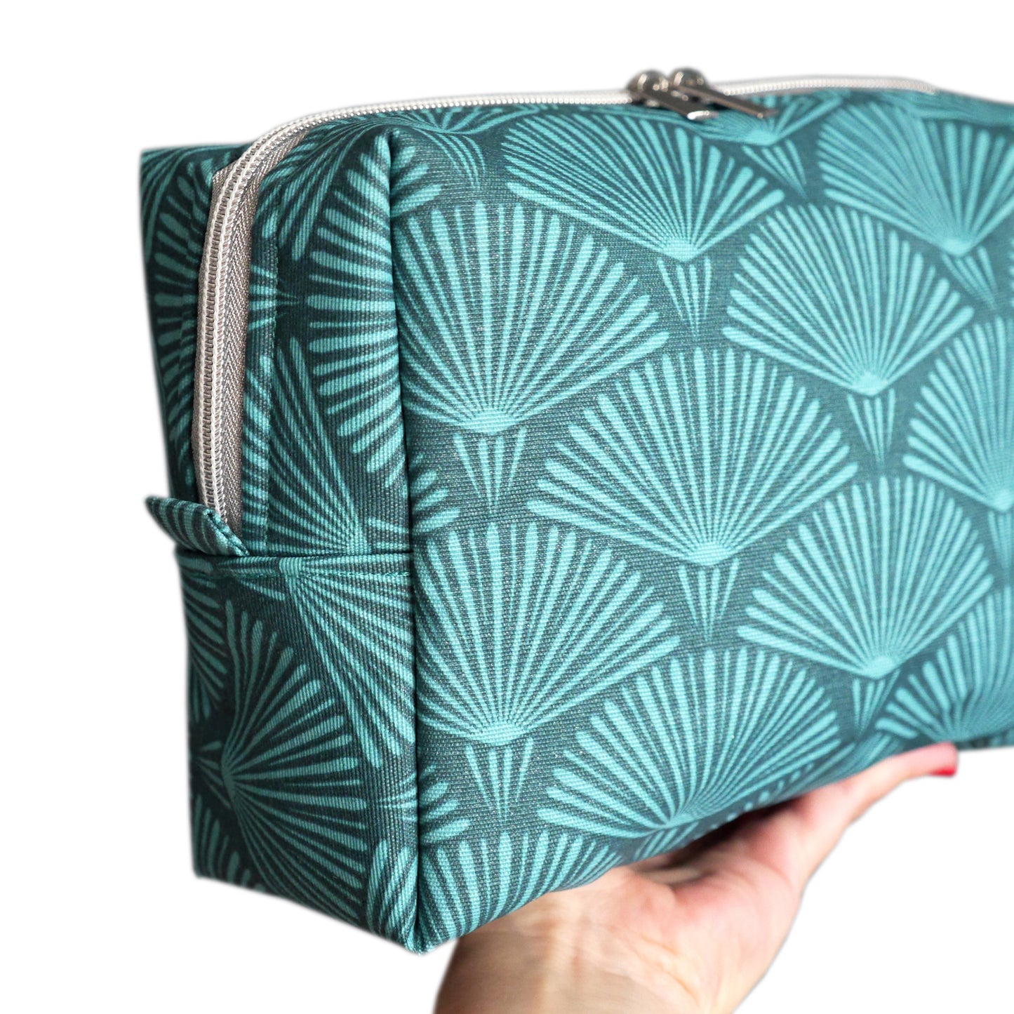 Trousse de toilette VOYAGE tissu toile imperméable éventails bleu turquoise pétrole