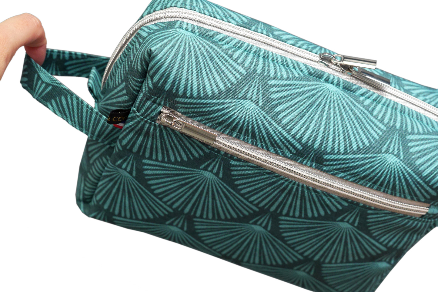 Trousse de toilette VOYAGE tissu toile imperméable éventails bleu turquoise pétrole