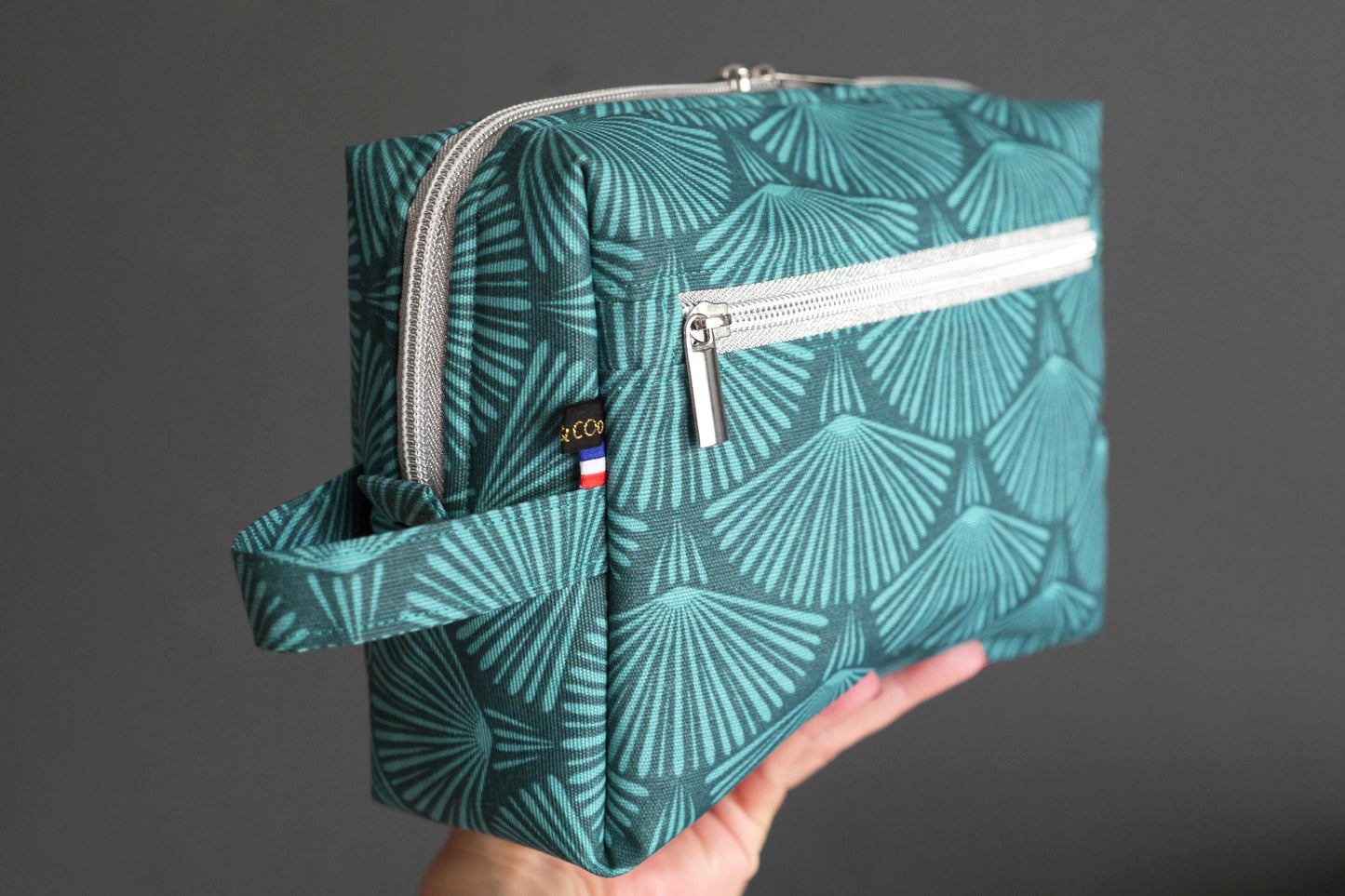 Trousse de toilette VOYAGE tissu toile imperméable éventails bleu turquoise pétrole
