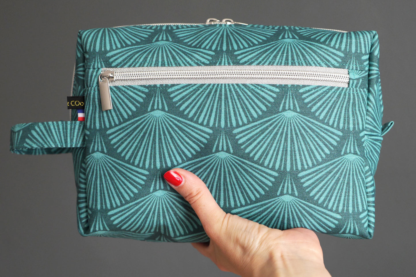 Trousse de toilette VOYAGE tissu toile imperméable éventails bleu turquoise pétrole