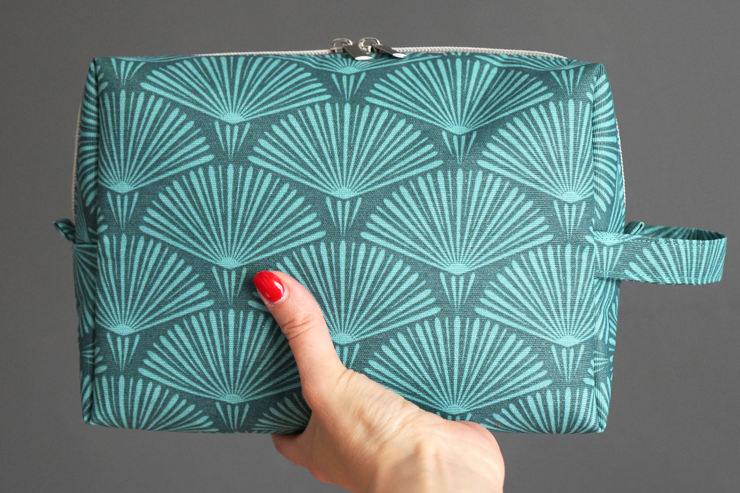 Trousse de toilette VOYAGE tissu toile imperméable éventails bleu turquoise pétrole