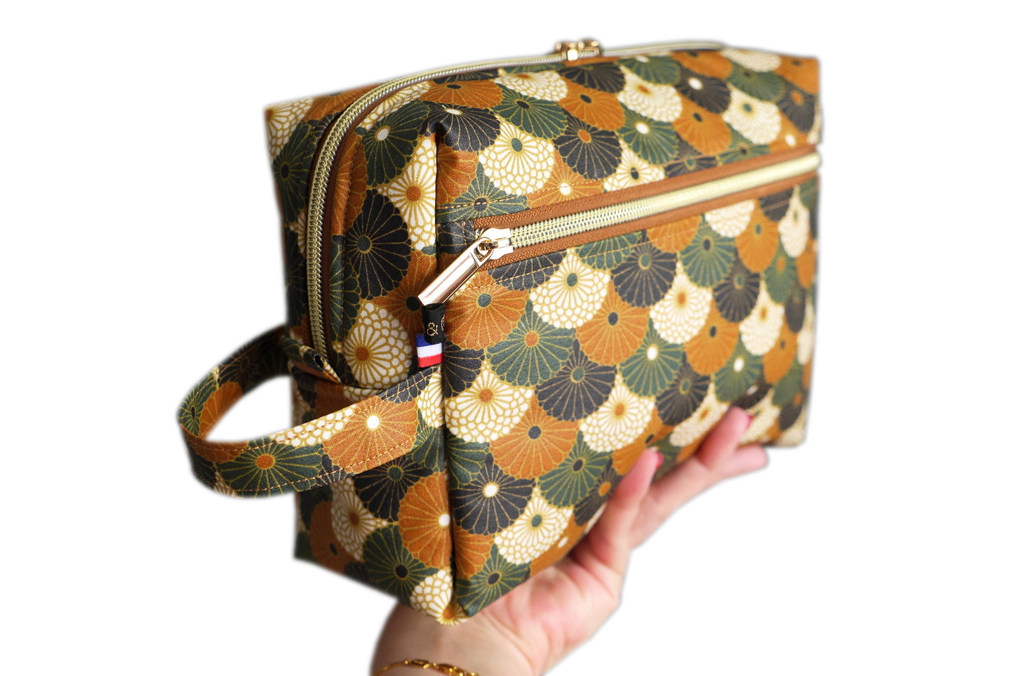 Trousse de toilette VOYAGE tissu enduit écailles bronze vert