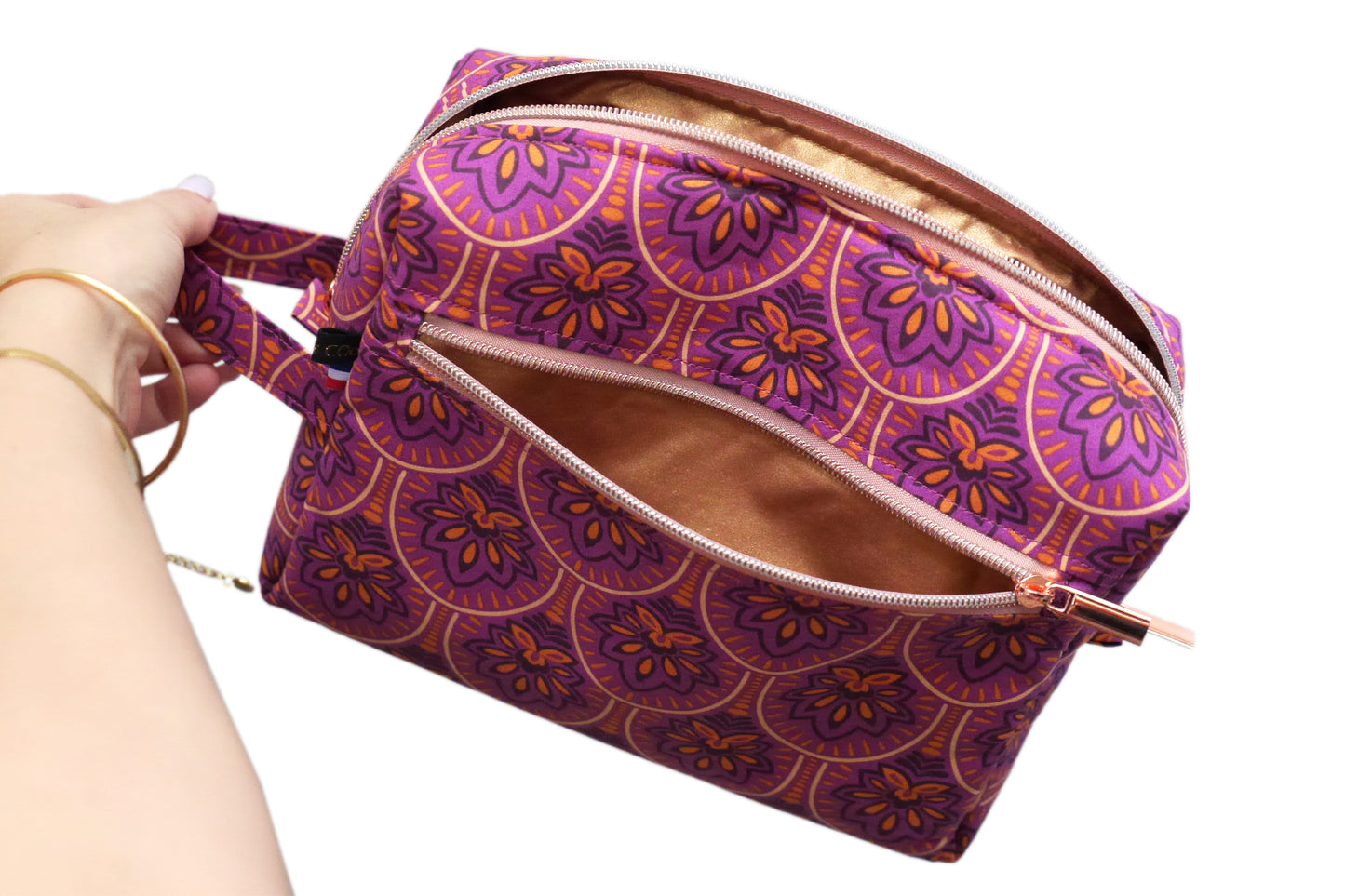 TRAVEL toiletry bag coated fabric bronze green scales