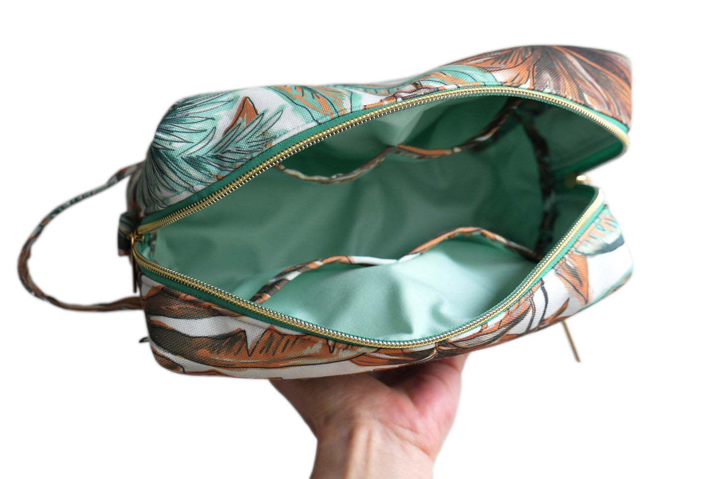Trousse de toilette VOYAGE tissu toile déperlante exotique palmiers tropical bleu menthe orange blanc