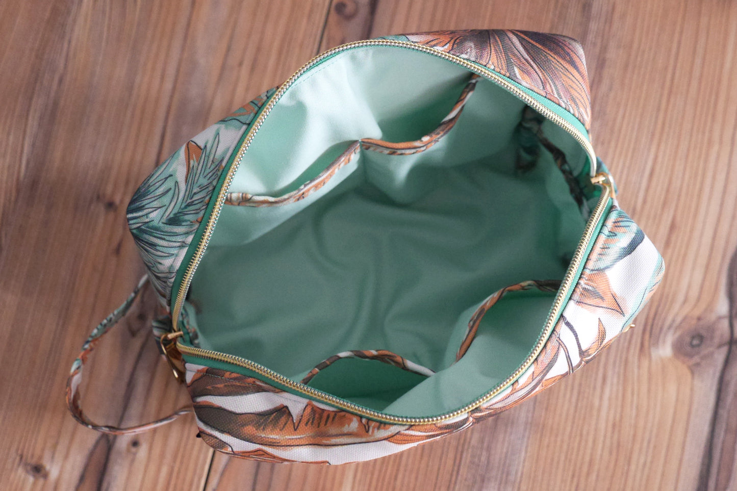 Trousse de toilette VOYAGE tissu toile déperlante exotique palmiers tropical bleu menthe orange blanc