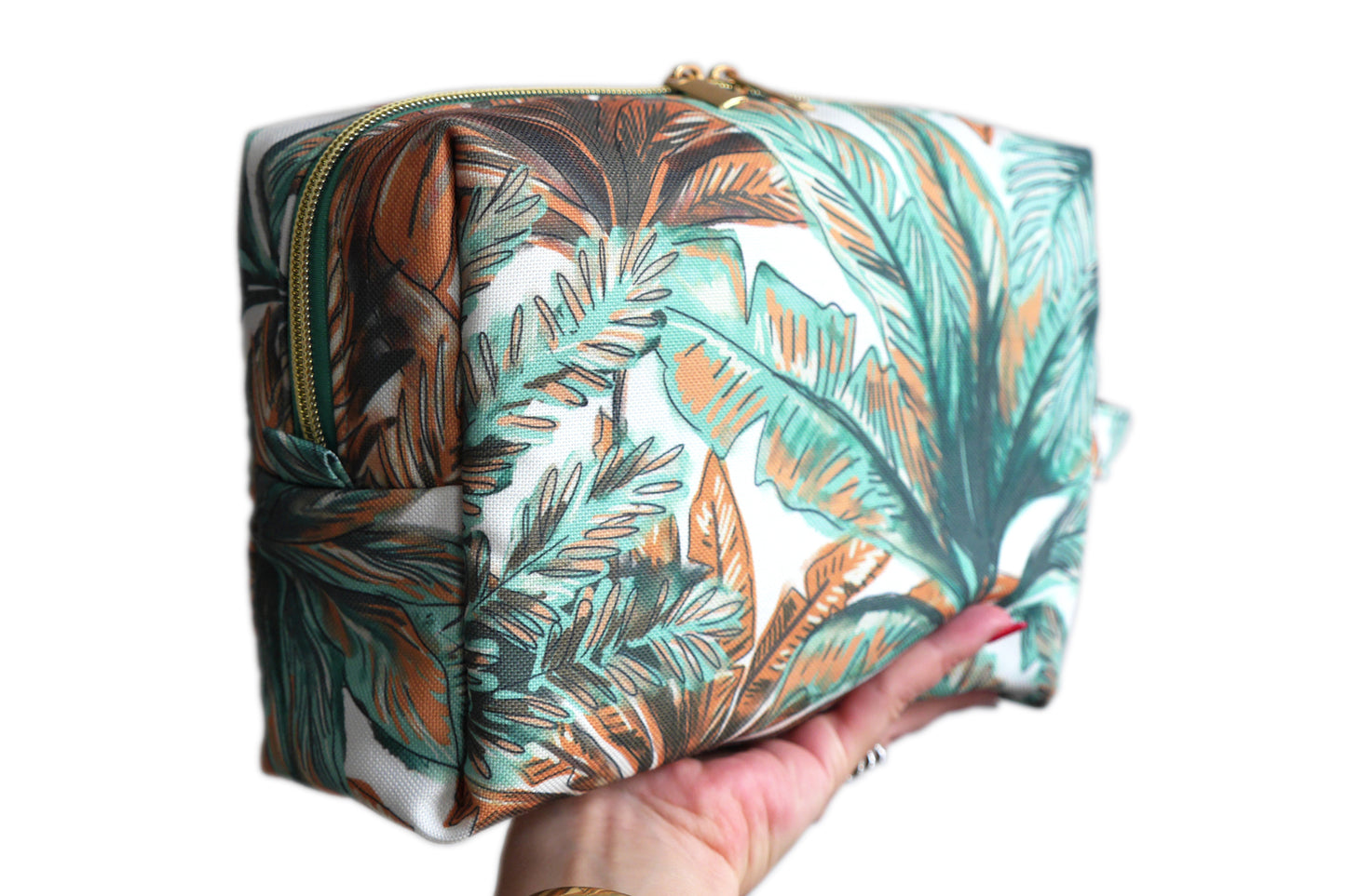 Trousse de toilette VOYAGE tissu toile déperlante exotique palmiers tropical bleu menthe orange blanc