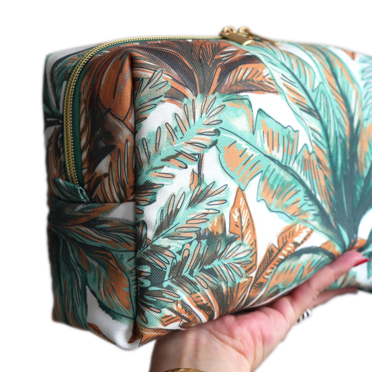 Trousse de toilette VOYAGE tissu toile déperlante exotique palmiers tropical bleu menthe orange blanc