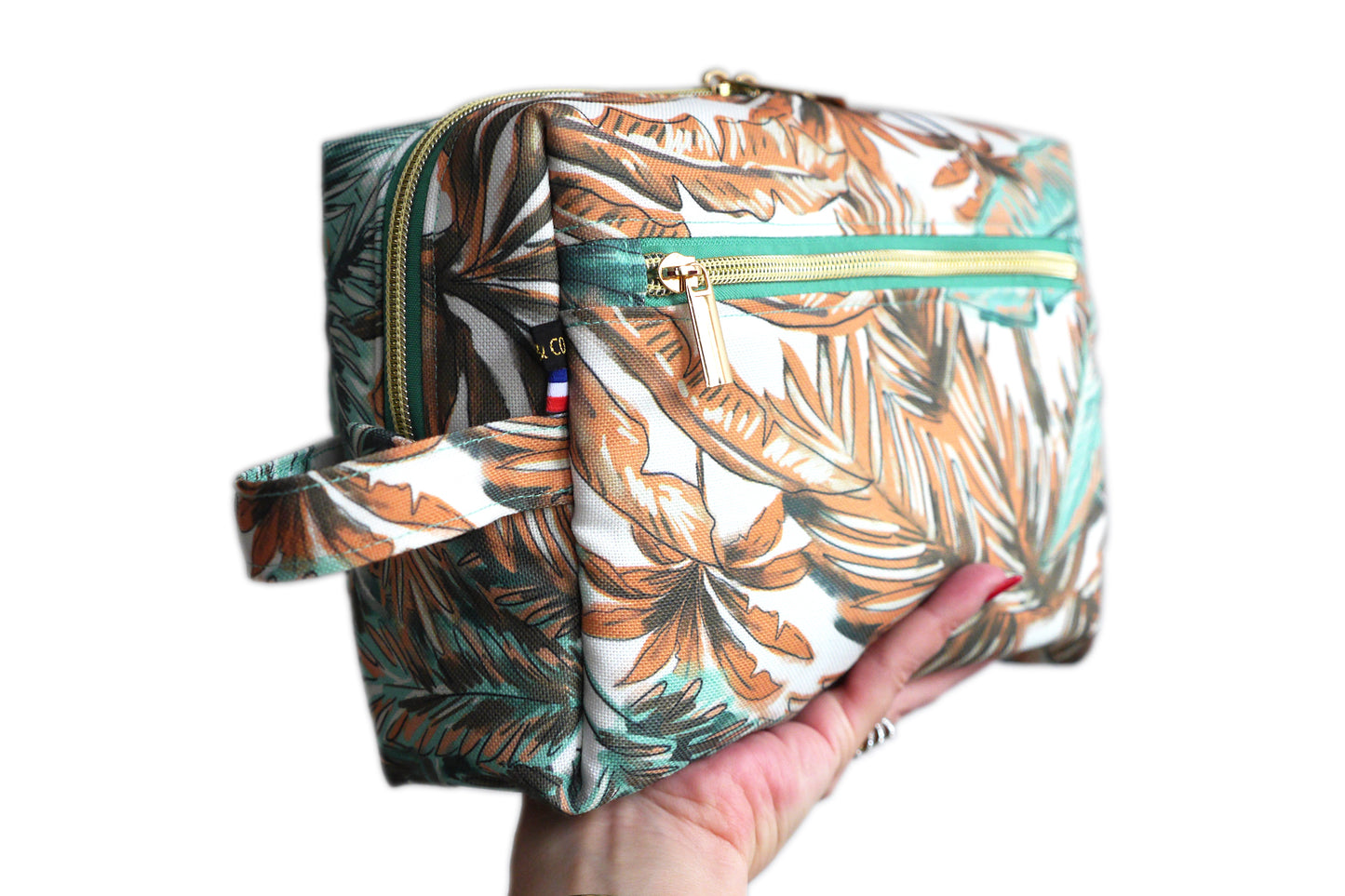 Trousse de toilette VOYAGE tissu toile déperlante exotique palmiers tropical bleu menthe orange blanc