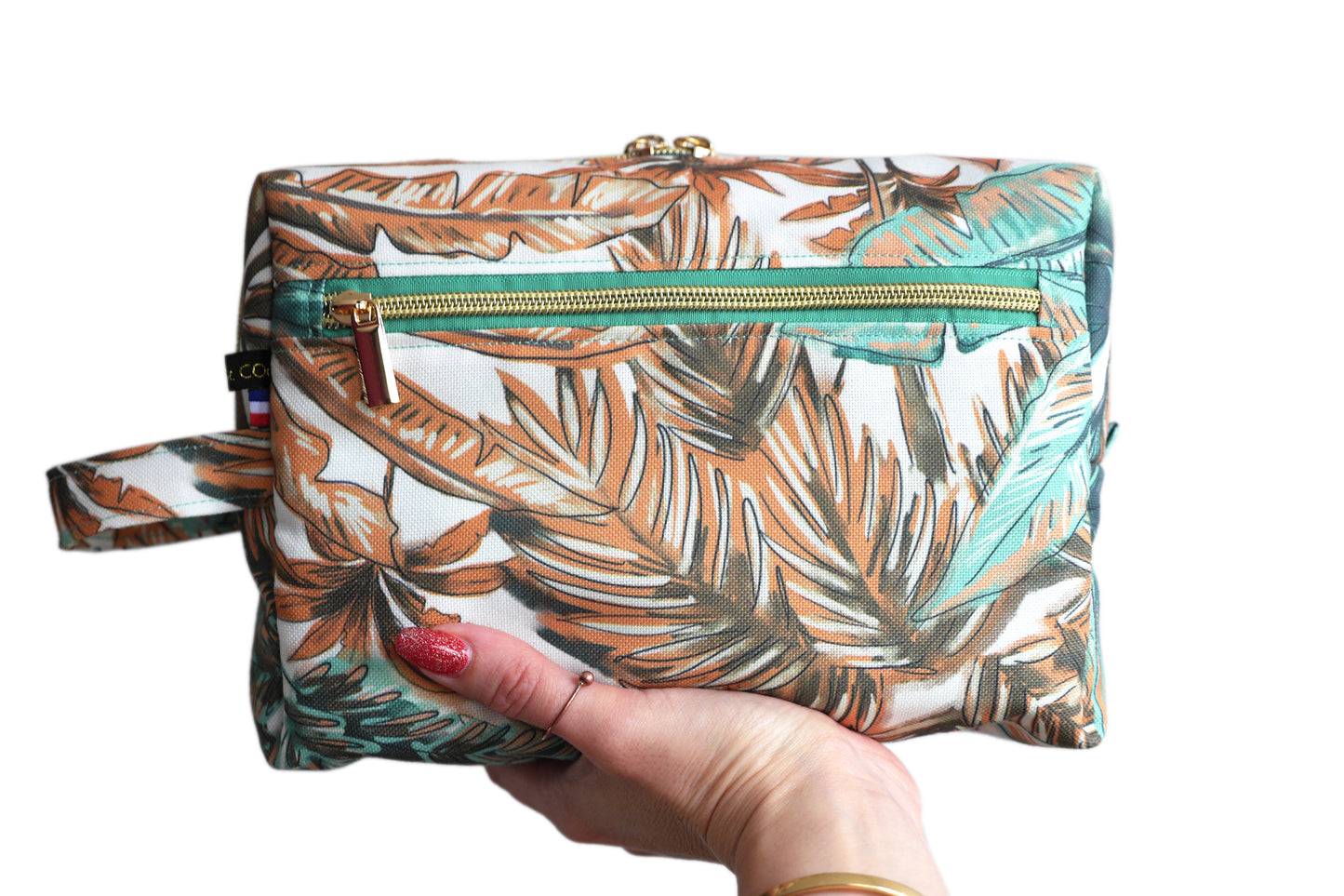 Trousse de toilette VOYAGE tissu toile déperlante exotique palmiers tropical bleu menthe orange blanc