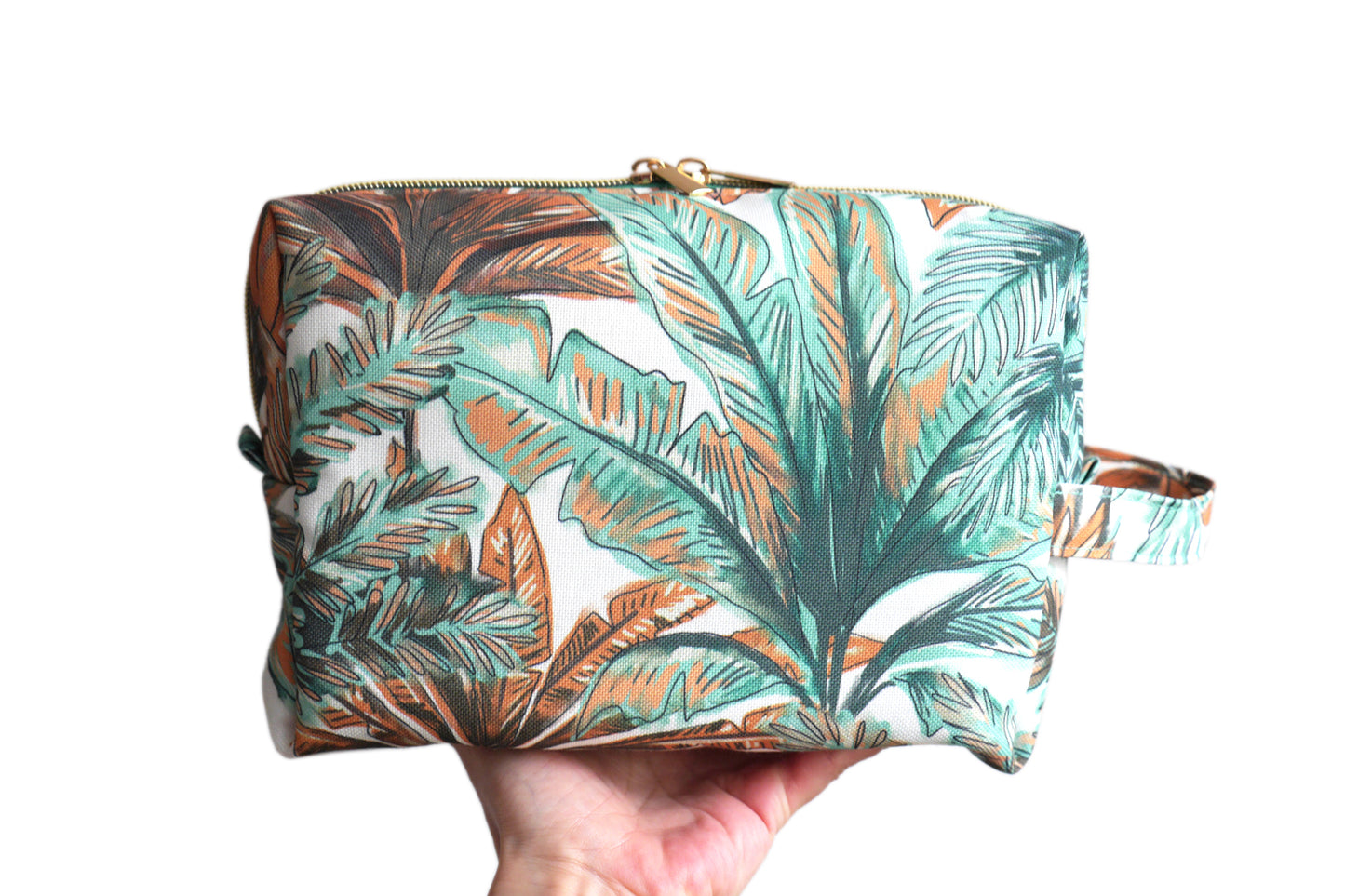 Trousse de toilette VOYAGE tissu toile déperlante exotique palmiers tropical bleu menthe orange blanc