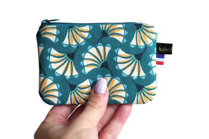 Mini purse in colorful fabric blue fans turquoise zip