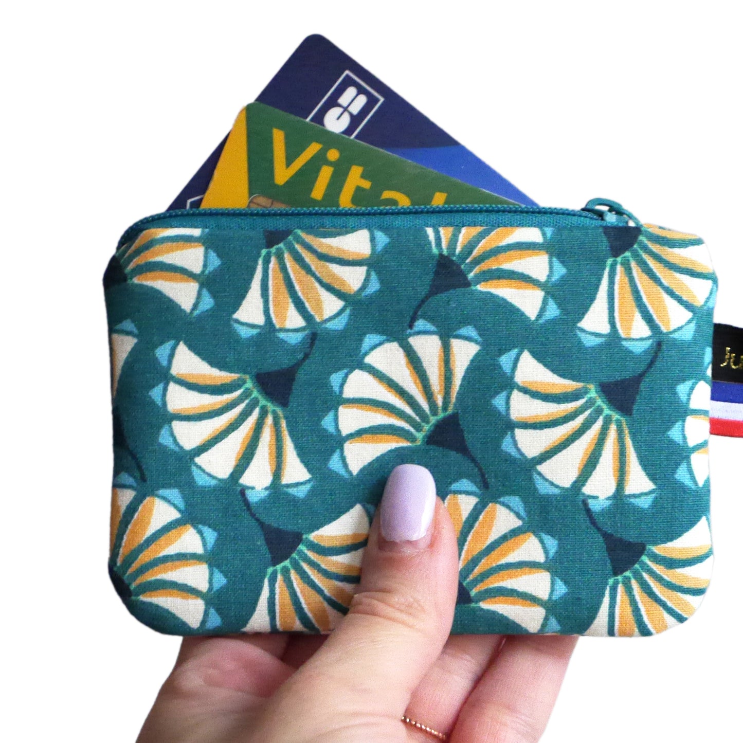 Mini purse in colorful fabric blue fans turquoise zip