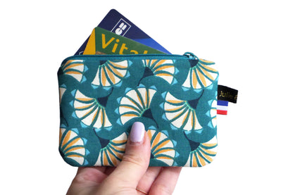 Mini porte-monnaie en tissu coloré bleu éventails zip turquoise