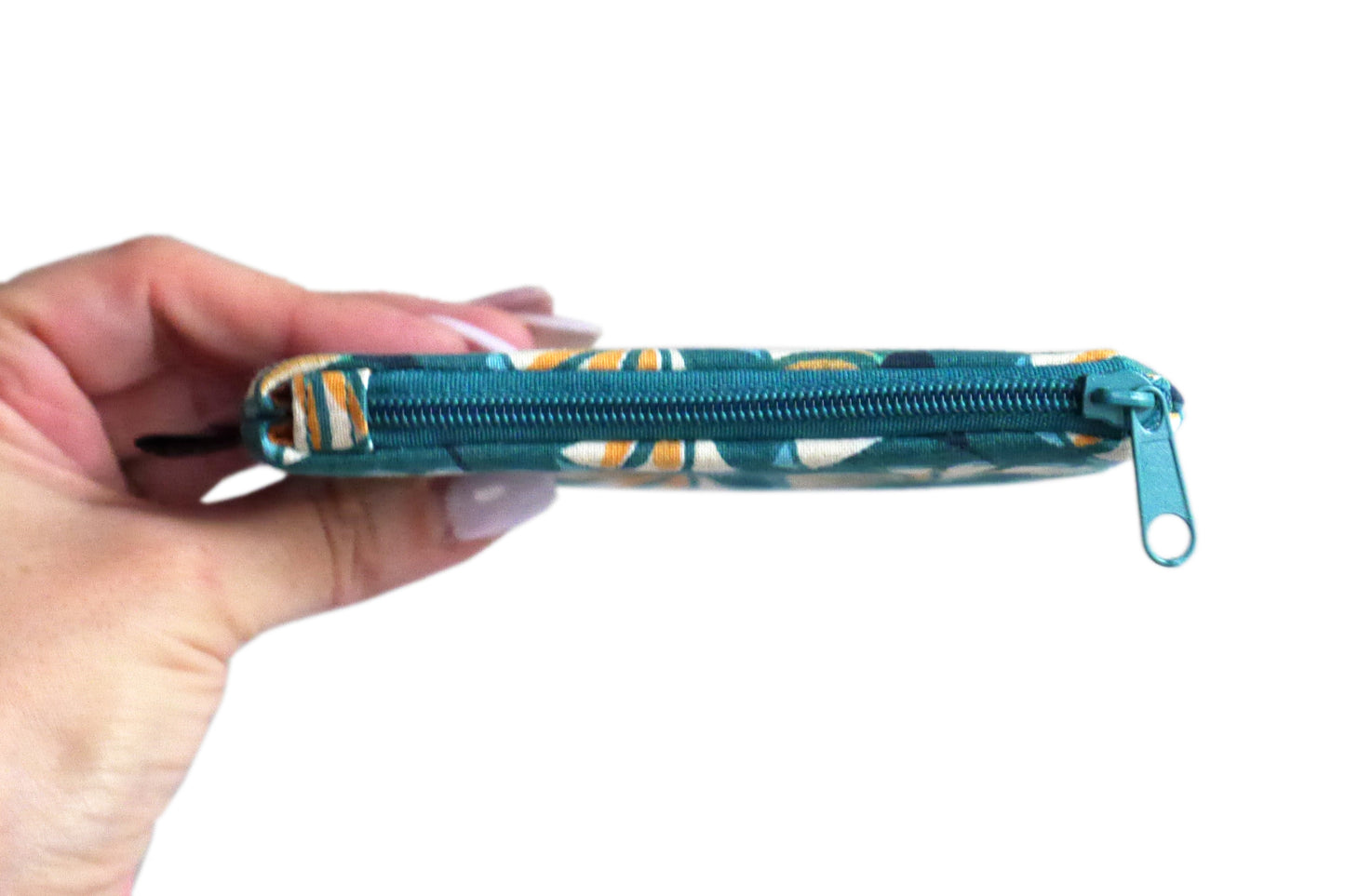 Mini purse in colorful fabric blue fans turquoise zip