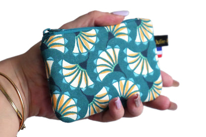 Mini purse in colorful fabric blue fans turquoise zip