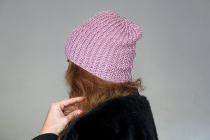 Bonnet Very Parfait tricoté main côtes fantaisies parme lilas pailleté