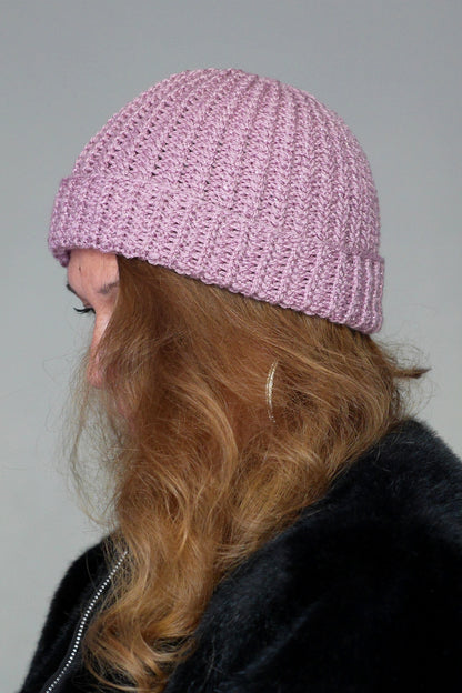 Bonnet Very Parfait tricoté main côtes fantaisies parme lilas pailleté
