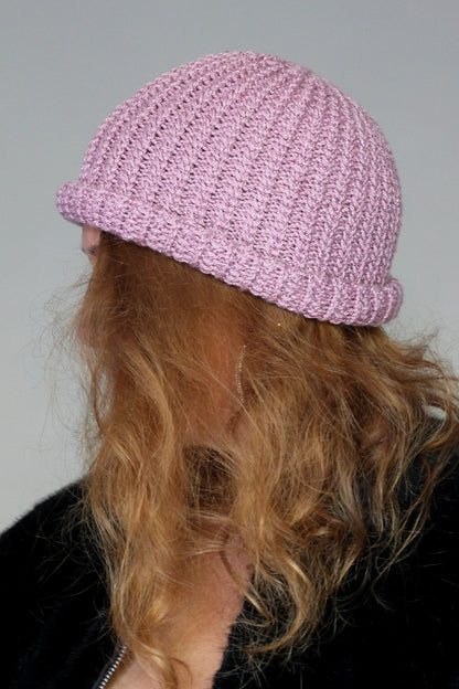 Bonnet Very Parfait tricoté main côtes fantaisies parme lilas pailleté