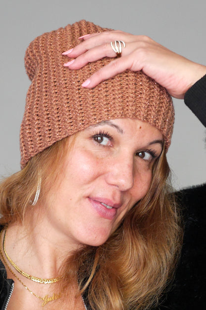 Bonnet Very Parfait tricoté main côtes fantaisies terracotta pailleté