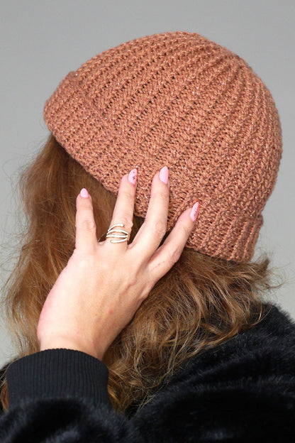 Bonnet Very Parfait tricoté main côtes fantaisies terracotta pailleté