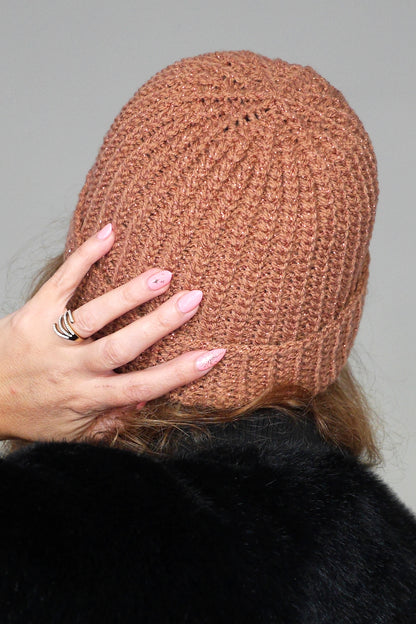 Bonnet Very Parfait tricoté main côtes fantaisies terracotta pailleté