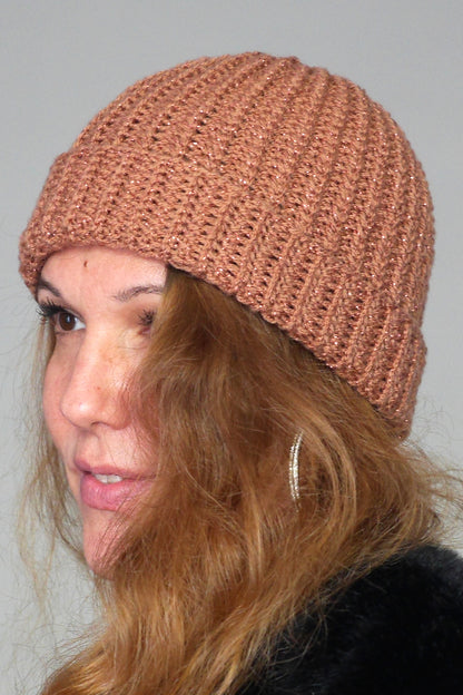 Bonnet Very Parfait tricoté main côtes fantaisies terracotta pailleté