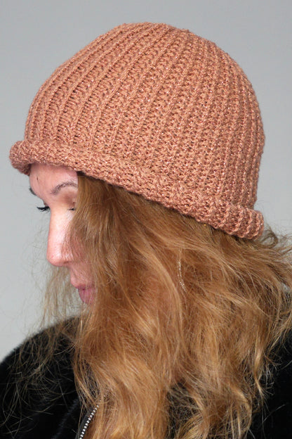 Bonnet Very Parfait tricoté main côtes fantaisies terracotta pailleté