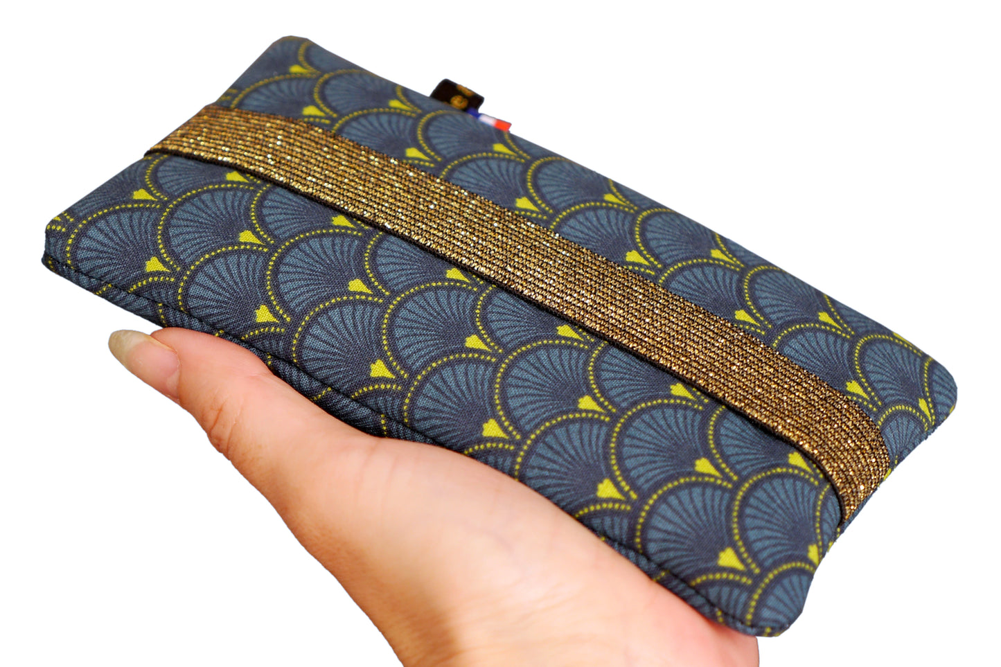 Housse écailles bleu marine iPhone, Samsung taille au choix étui téléphone portable tissu japonais graphique élastique doré