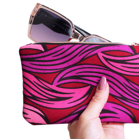 Glasses case pouch women's kit wax fabric waves pink red purple black and rose gold zip