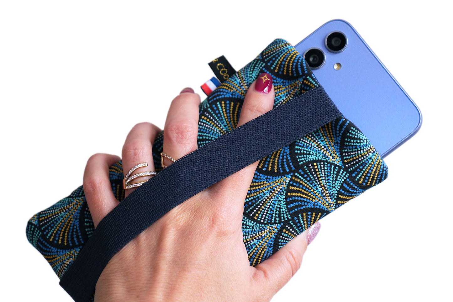 Housse chaussette tous téléphones tissu écailles plumes pointillés bleu turquoise taille au choix étui portable élastique marine