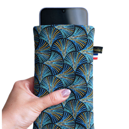 Housse chaussette tous téléphones tissu écailles plumes pointillés bleu turquoise taille au choix étui portable élastique marine