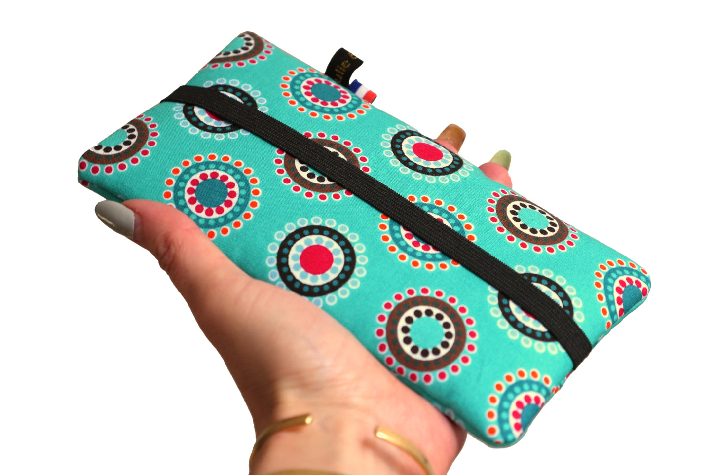 Housse chaussette tous téléphones tissu graphiques ronds sur fond turquoise taille au choix étui portable élastique noir
