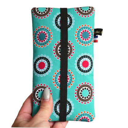 Housse chaussette tous téléphones tissu graphiques ronds sur fond turquoise taille au choix étui portable élastique noir
