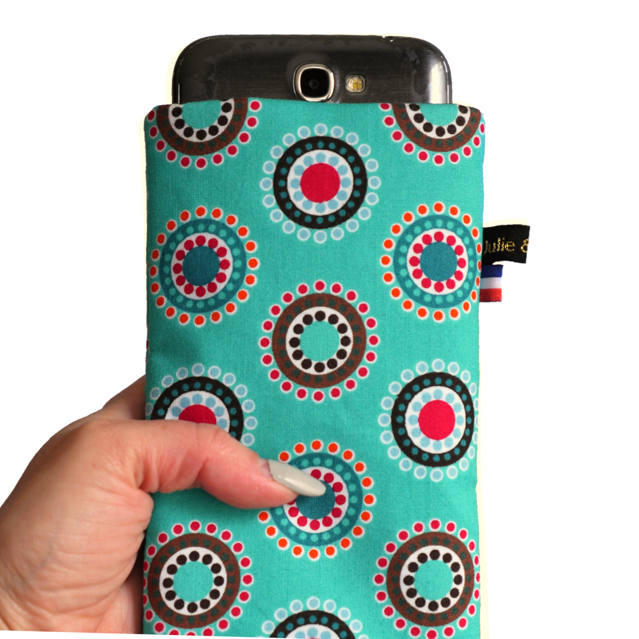 Housse chaussette tous téléphones tissu graphiques ronds sur fond turquoise taille au choix étui portable élastique noir