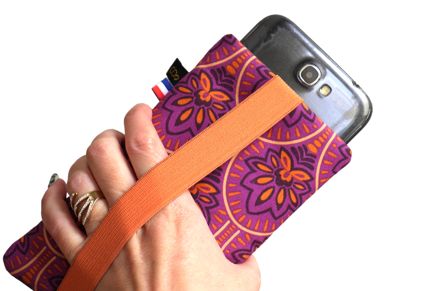 Housse téléphone chaussette imperméable Samsung S24 / S24+, iPhone 15 Pro / 15 Pro Max, taille au choix tissu enduit fleurs de lotus violet et orange
