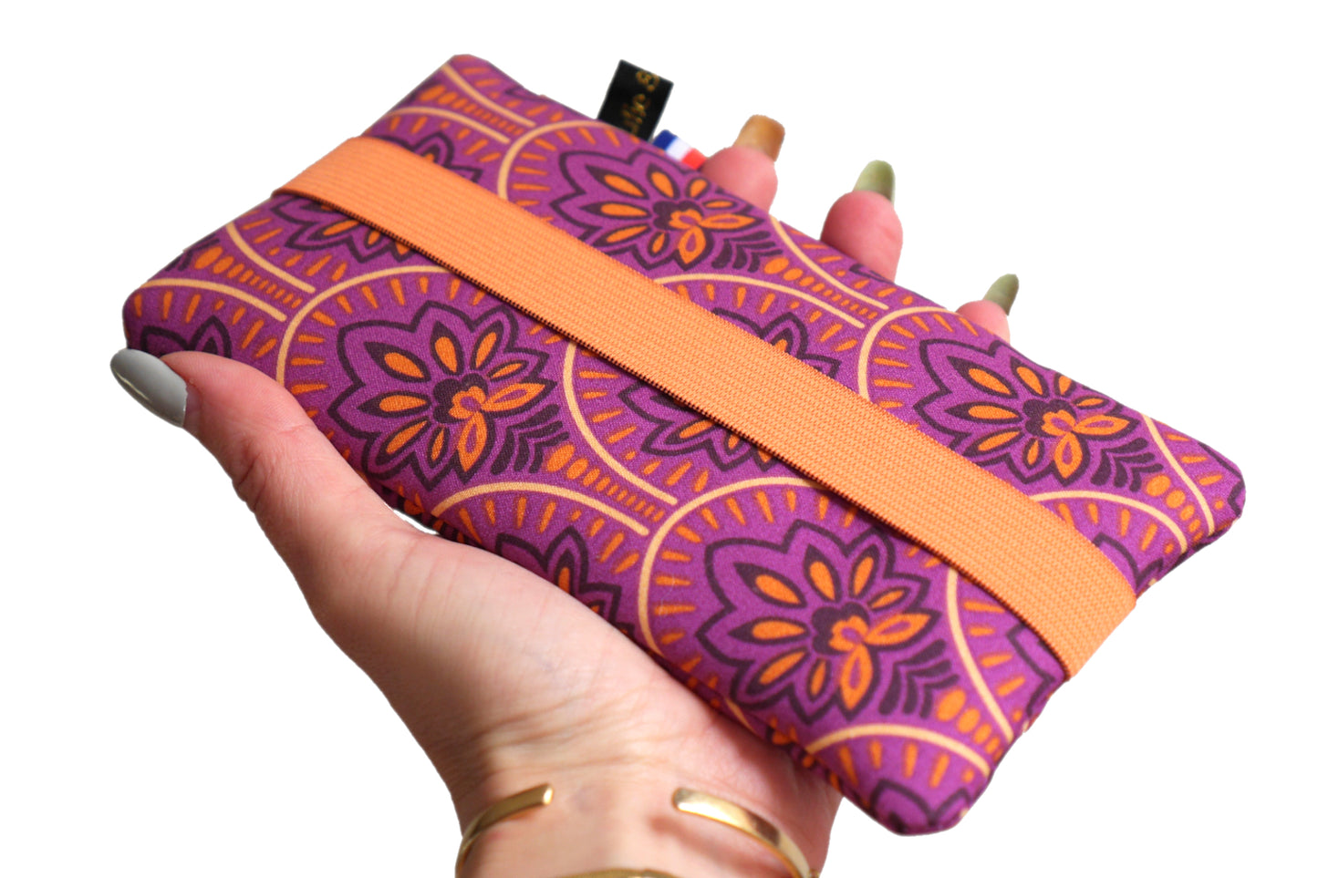 Housse téléphone chaussette imperméable Samsung S24 / S24+, iPhone 15 Pro / 15 Pro Max, taille au choix tissu enduit fleurs de lotus violet et orange