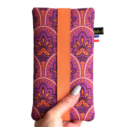 Housse téléphone chaussette imperméable Samsung S24 / S24+, iPhone 15 Pro / 15 Pro Max, taille au choix tissu enduit fleurs de lotus violet et orange