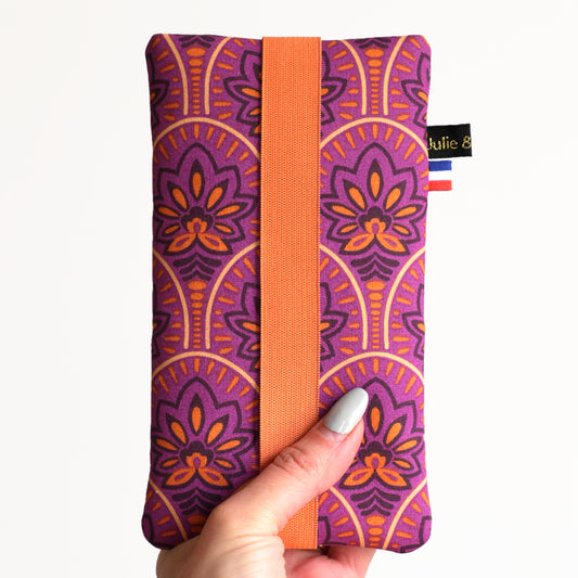 Housse téléphone chaussette imperméable Samsung S24 / S24+, iPhone 15 Pro / 15 Pro Max, taille au choix tissu enduit fleurs de lotus violet et orange