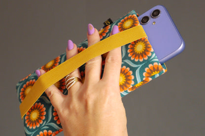 Housse chaussette tournesols tous téléphones tissu fleurs sur fond bleu pétrole taille au choix étui portable élastique jaune