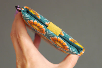 Housse chaussette tournesols tous téléphones tissu fleurs sur fond bleu pétrole taille au choix étui portable élastique jaune