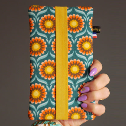 Housse chaussette tournesols tous téléphones tissu fleurs sur fond bleu pétrole taille au choix étui portable élastique jaune